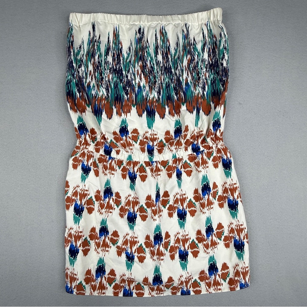 Tibi 100% Silk Strapless Ikat Print Mini Dress Elastic Waist XS